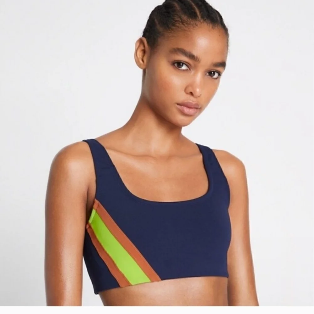 Tory Burch navy green brown retro striped compression athletic bra